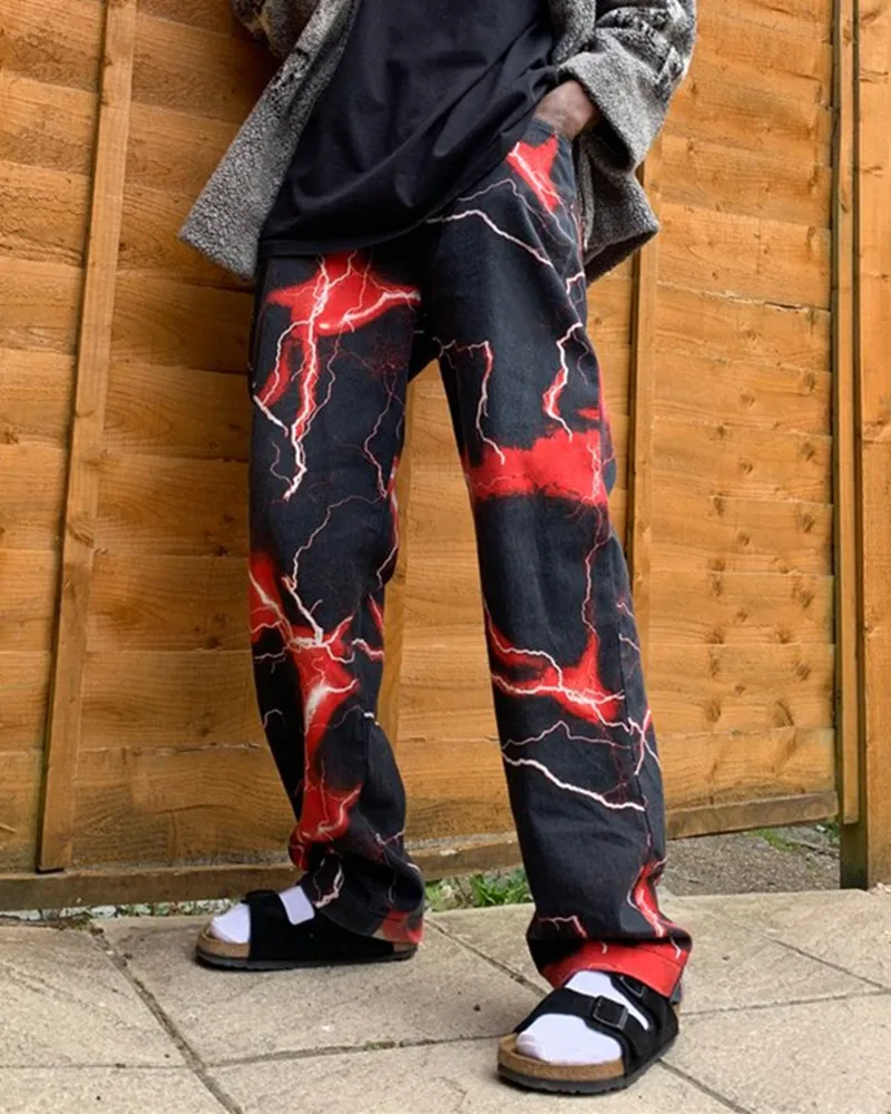 

2021 European And American Men's Autumn New Harajuku Dark Style Street Retro Lightning Casual Pants S-3XL
