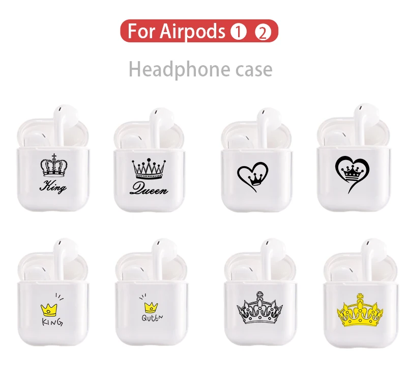 Милое воздушное стручки чехол для Apple airpods Чехол класса люкс King queen Корона Bluetooth наушники чехол для Airpods 2 прозрачный жесткий поликарбонатный чехол