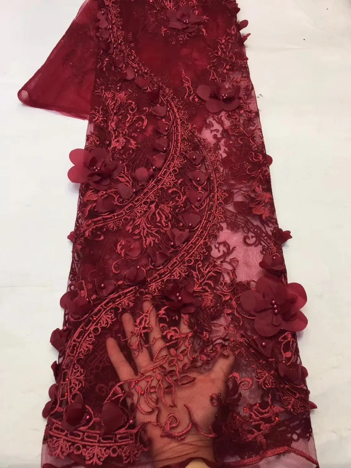 Высококачественная африканская 3D Цветочная кружевная ткань с жемчужинами