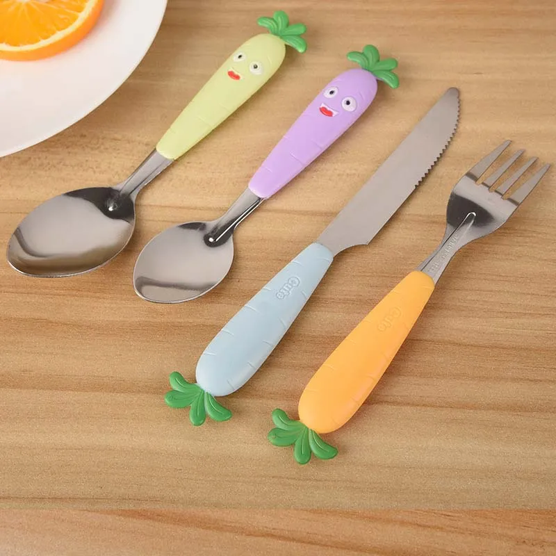 Baby Kids Tableware Cartoon Cutlery Set 4 Pcs Stainless Steel Child Feeding Dining Kid Feeder Utensil Spoon Fork Knife Kit | Дом и сад