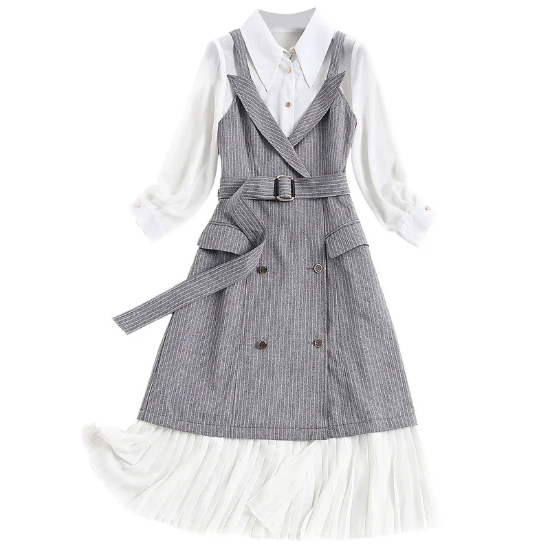 

white chiffon shirt Turn down collar long sleeve elegant short midi pleated dress button autumn two pieces