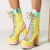 2022 latest color block fashion booty thick platform block high heel short ankle ankle lace up outdoor martin boots patent 43