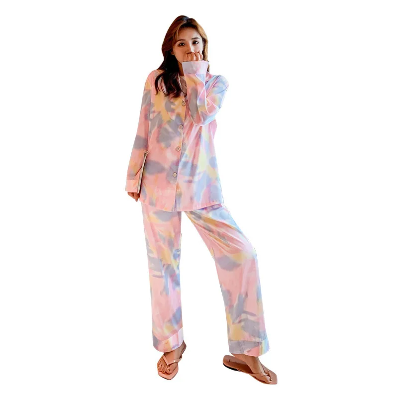

Autumn Ladies Ice Silk Silk Pajamas Long-sleeved Gradient Rainbow Fairy Home Service Suit Pijama Invierno Mujer Dormir Tops 2020