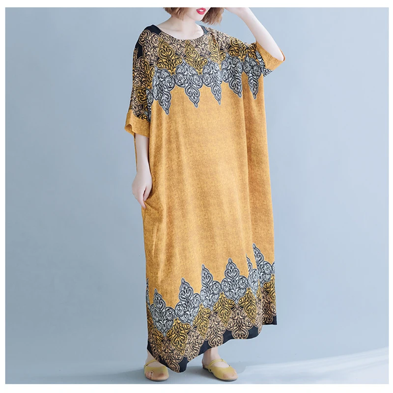 

Платье женское длинное с круглым вырезом, винтажное вечернее пляжное в стиле бохо, с коротким рукавом и желтым принтом, в африканском стиле