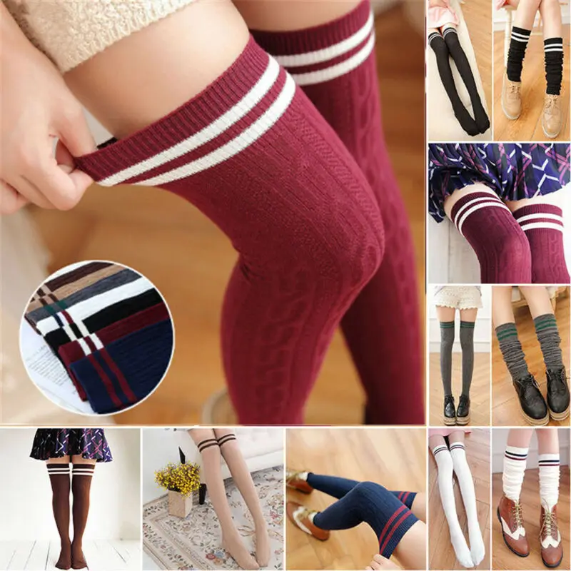 

Fashion Women Stockings Knit Cotton Over Sexy Young Girls The Knee Stocking Striped Thigh High Stocking Autumn Wear