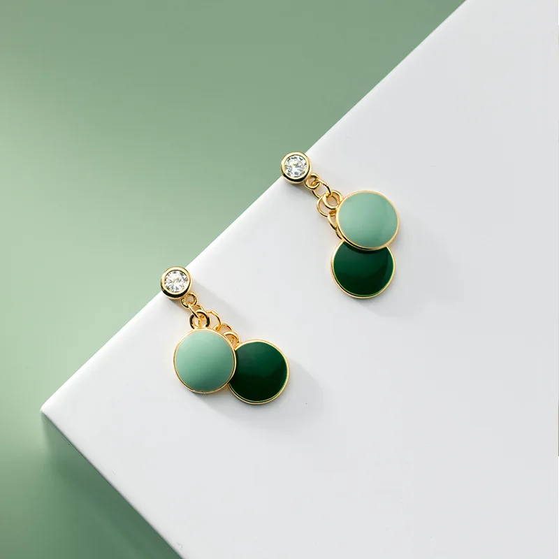 

s925 Sterling Silver Green Round Pendant Stud Earrings Boho Jewelry Earrings Minimalism Brincos Pendientes Earrings for Women