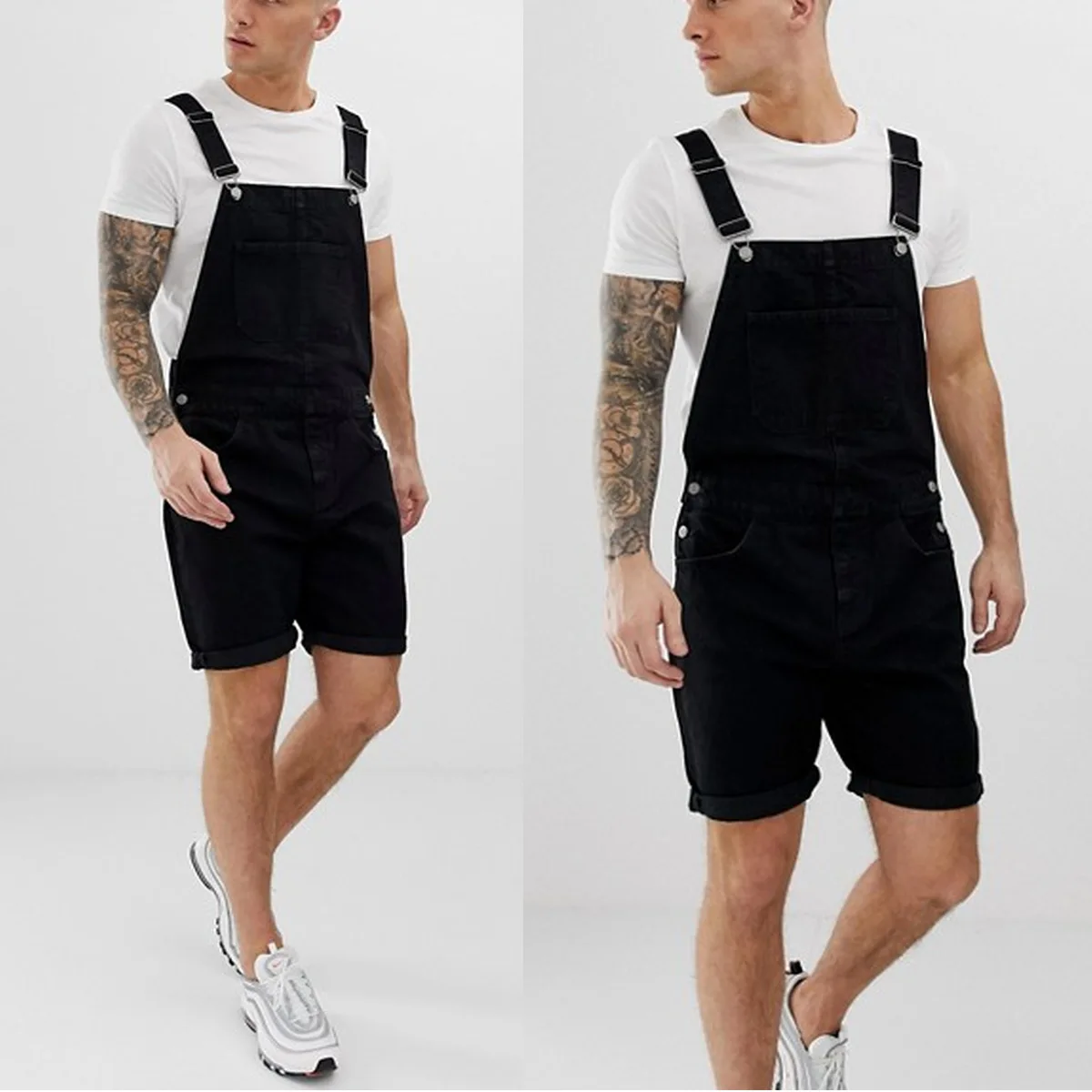 

new retro men s denim hole in shorts conjoined tooling overalls
