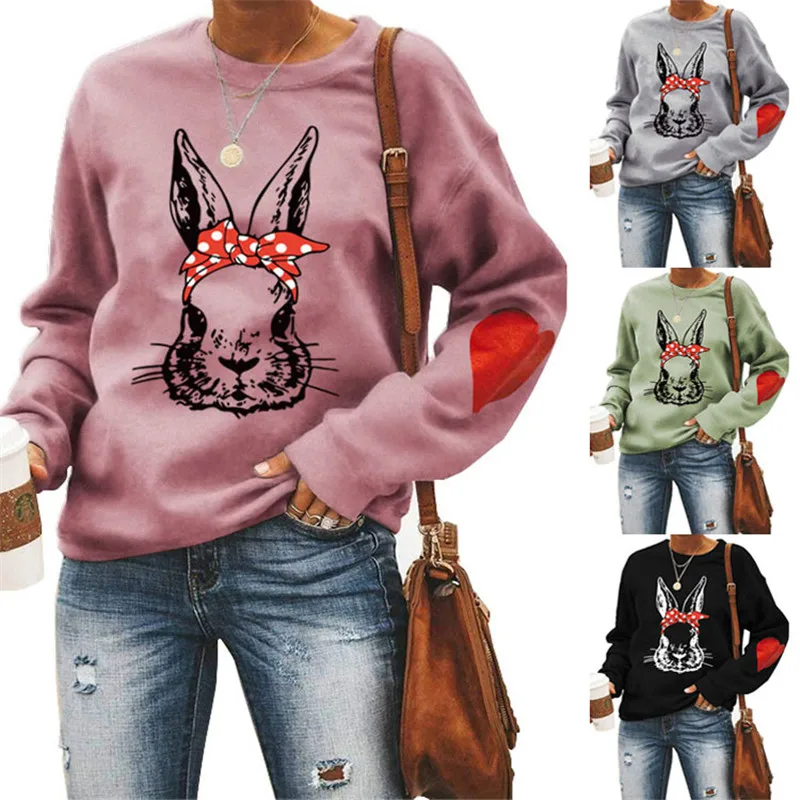 2022 Winter Street Sweatshirt Pullover Damen Kaninchen Print Arm Liebe Applique Rundhals Langarm Nettes Hemd