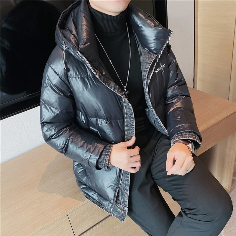 Winter Thick Warm Men's Down Jackets Fashion Hooded Duck Down Jacket Denim Stitching Waterproof Outdoor Coat Parkas Men Clothing