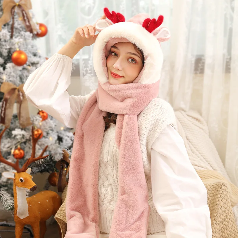 

Fashion plush ins winter ladies scarf hat set gloves antlers warm and soft three-piece rabbit wool bib hat female Christmas gift