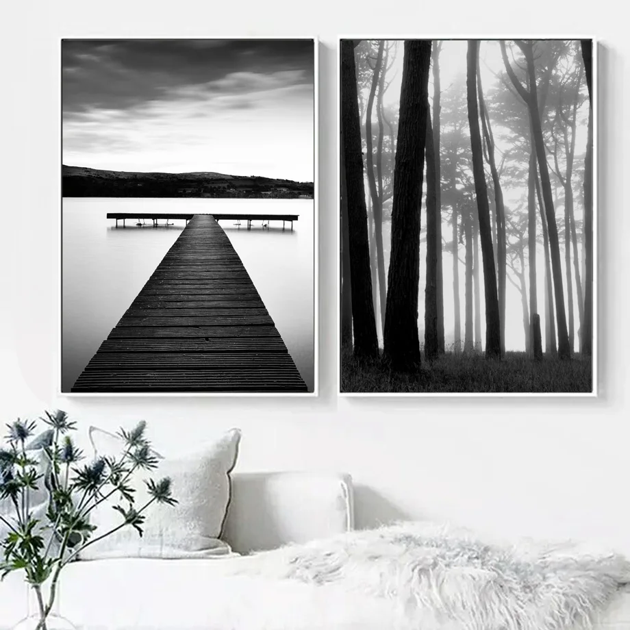 Черно-белое изображение горной лесной железной дороги на холсте с пейзажами и печатями Nordic Wall Art Pictures для гостиной.