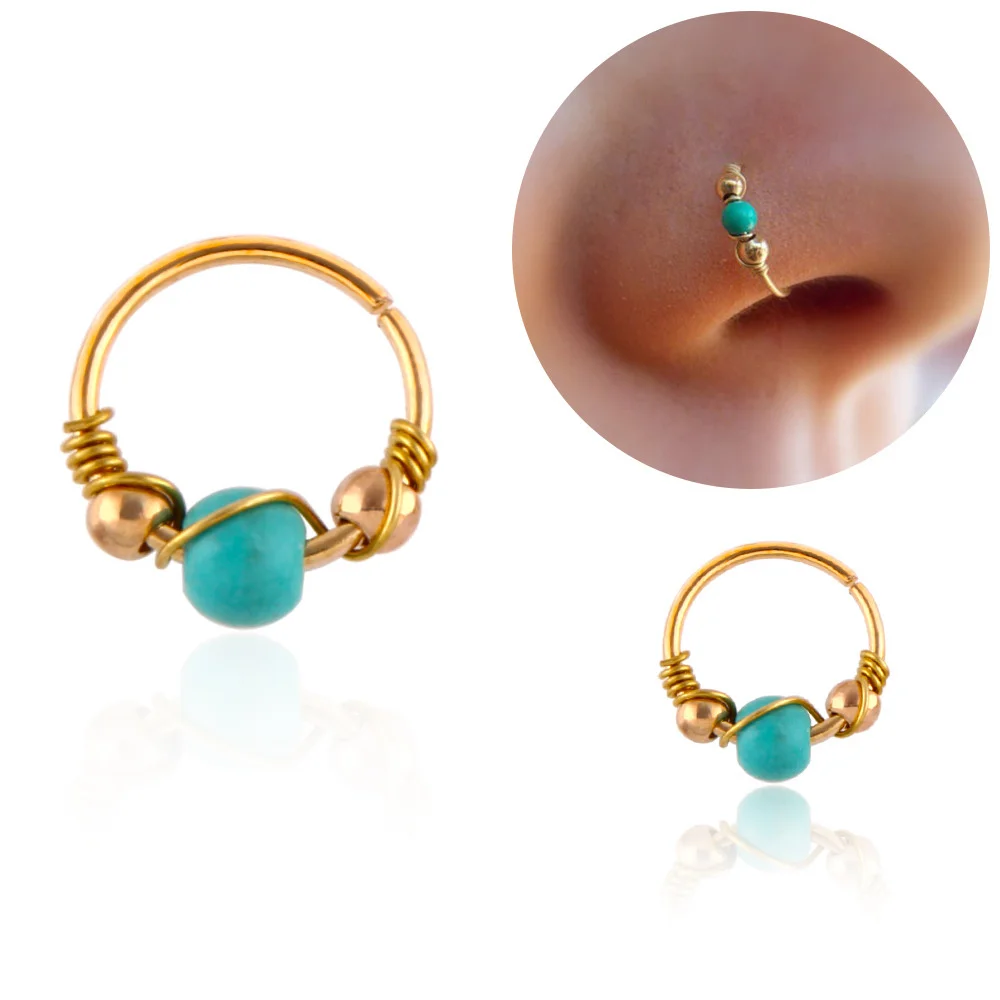 

2pcs/set Fashion Retro Round Beads Nose Ring Gold Color For Women Nostril Hoop Body Piercing Jewelry