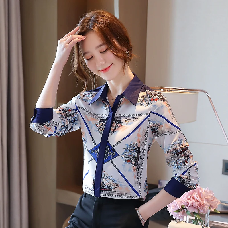 

Блузка Женская Офисная с длинным рукавом, отложным воротником и принтом