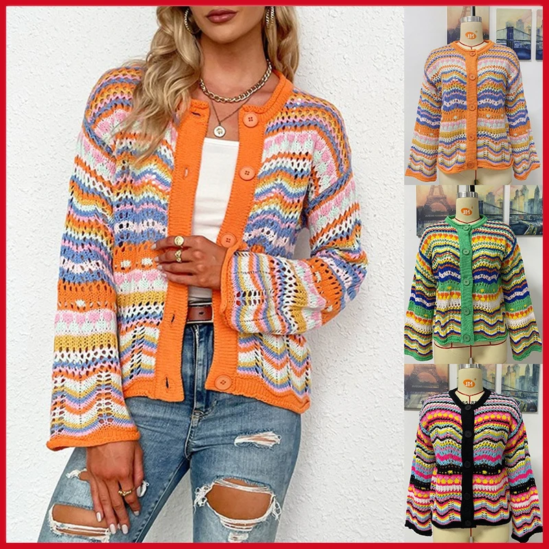 

Bohemian Striped Printed Sweet Knitted Sweater Winter Clothes Cardigan Long Sleeve Women's Coat Fashion Aesthetic Tops Female