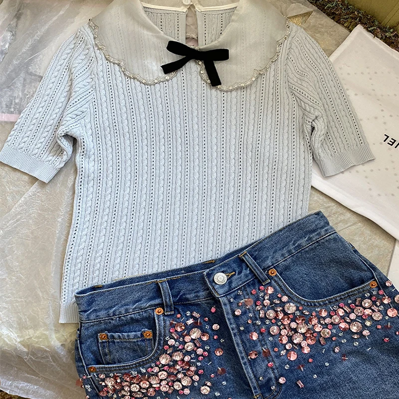 Женская трикотажная футболка с кукольным воротником и короткими рукавами модный