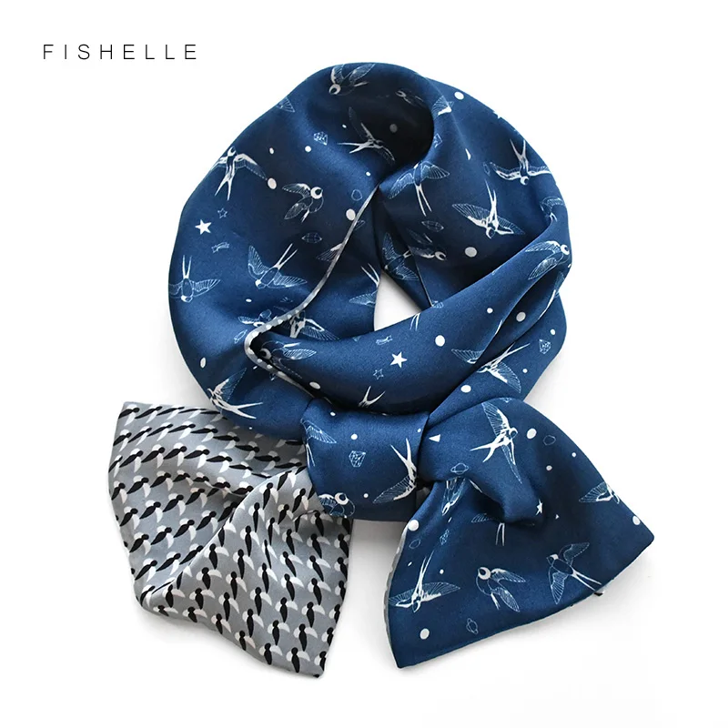 

Платок женский из 100% шелка, с принтом в виде птиц, длинный, темно-синий, хиджаб, повязка на голову, бандана для девочек лента, подарок для женщ...