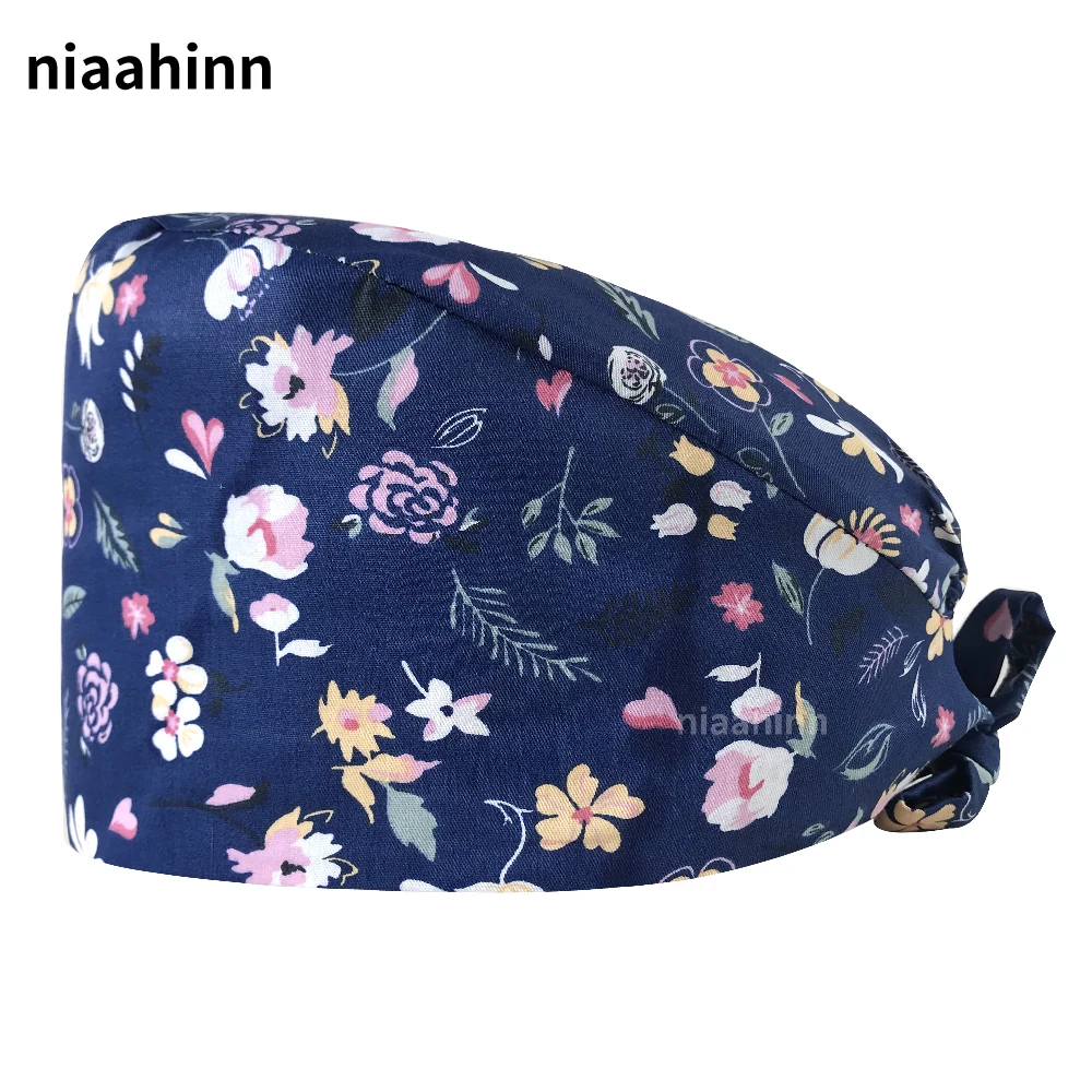 

Pet Shop Work Skull Caps Sales Floral Printing Tieback 100%Cotton Medical Hats Dentist Work Hats Beauty Salon Nursing Scrubs Cap