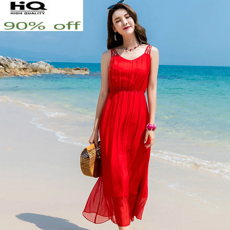 Dresses Woman Party Night Summer Dress Silk Beach Long Dress Red Dresses Elegant Casual Clothes Vestidos Verano LWL1533
