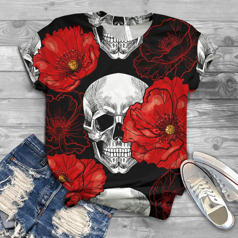 

Ladies T-Shirt Comfortable Soft Fabric 2021Skull T-shirts Ladies New Style Rose Fashion Trend Street Summer Harajuku T-shirt Top