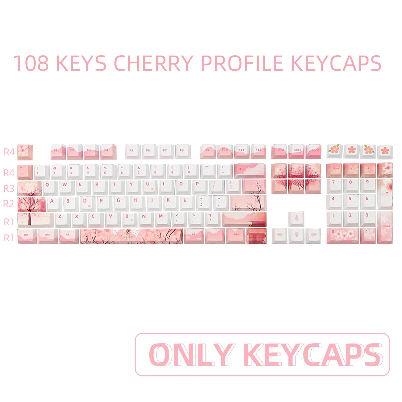 

108 Keys PBT Keycaps Pink Cherry Blossom Dye Sub Keycap For Cherry MX Switch 61/87/104/108 Mechanical Keyboard