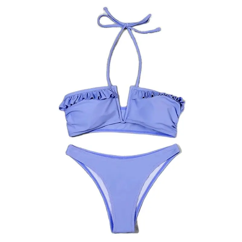 

2021 Новый женский однотонный купальник, сексуальный купальник бикини с высокой талией и воланом