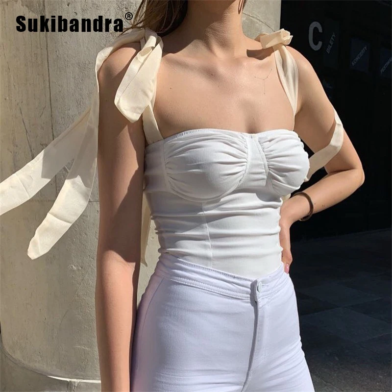 

Sukibandra 2020 Summer Sleeveless Lace Up Crop Top Women Sexy Club Cropped Camisole Black White Beach Bow Tie Bustier Camis Tops