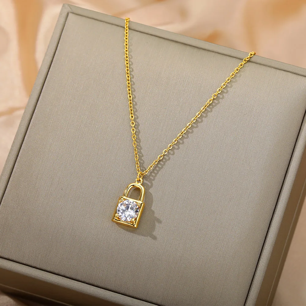 

RXSMll Zircon Lock Pendant Necklaces For Women luxury Gold Sliver Color Stainless Steel Male Neck Chain Jewelry Accessories Gift