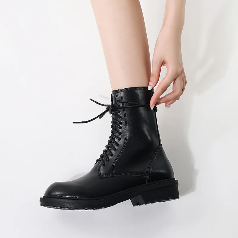 

boots women's 2021 new versatile black lace British style up thick heel boots