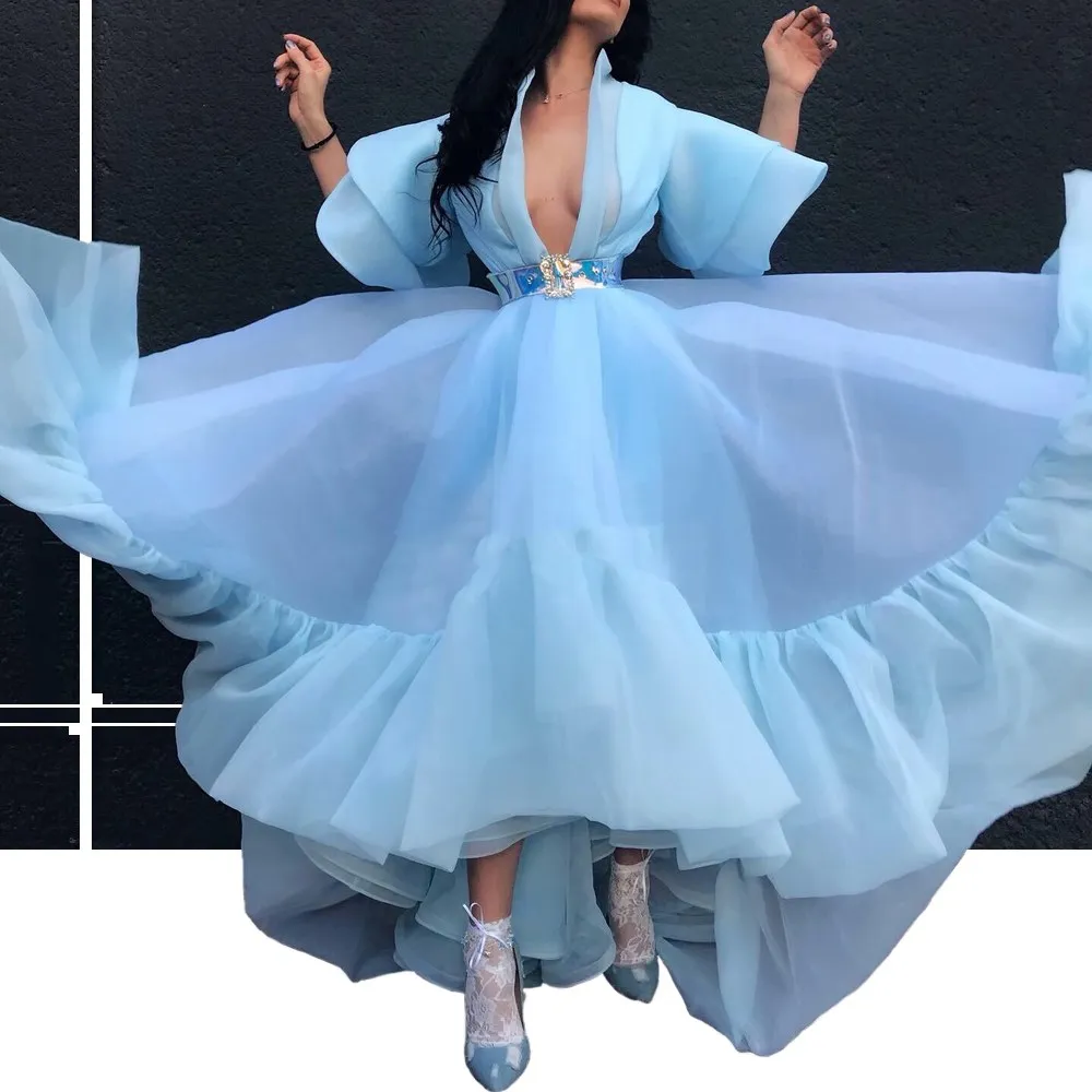 

Ball Gown V-Neck Short Sleeves Baby Blue Organza Pleats Ruching Sash Evening Dress Ankle-Length Formal Dress бальное платье