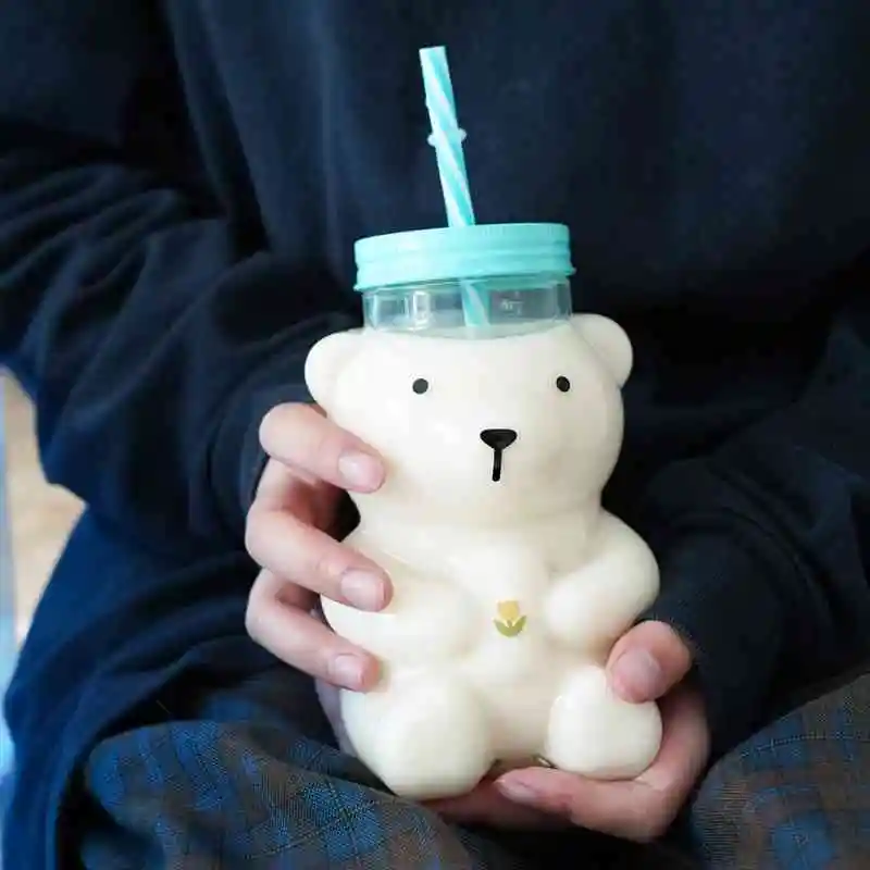 550ml Cute Cartoon Bear Sippy Cup Creative Heat Resistant Glass Water Bottle With Straw Juice Milk Kids Clear Drinking Bottles | Дом и сад
