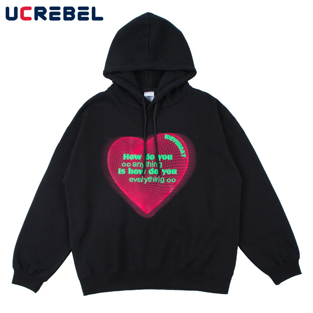 

Heart Print Fleece Sweatshirts Mens Winter High Street Hoodies Streetwear Casual Loose Long Sleeve Pullover Men