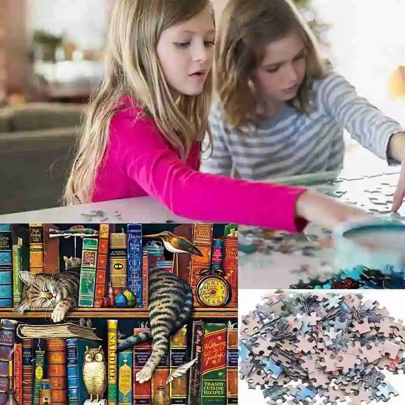 

1000 Pieces Jigsaws Puzzles Bookshelf Cat Landscape Puzzles DIY Assembling Toy For Adults Jigsaw Paper Puzzles Educational Toy