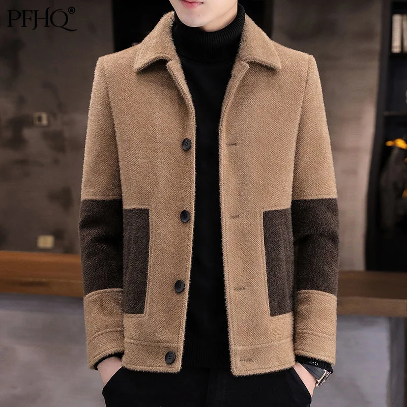 

PFHQ осенне-зимняя новая соболиная пушистая куртка мужское лоскутное однобортное пальто Смешанная одежда приталенные Теплые Топы с отложным...