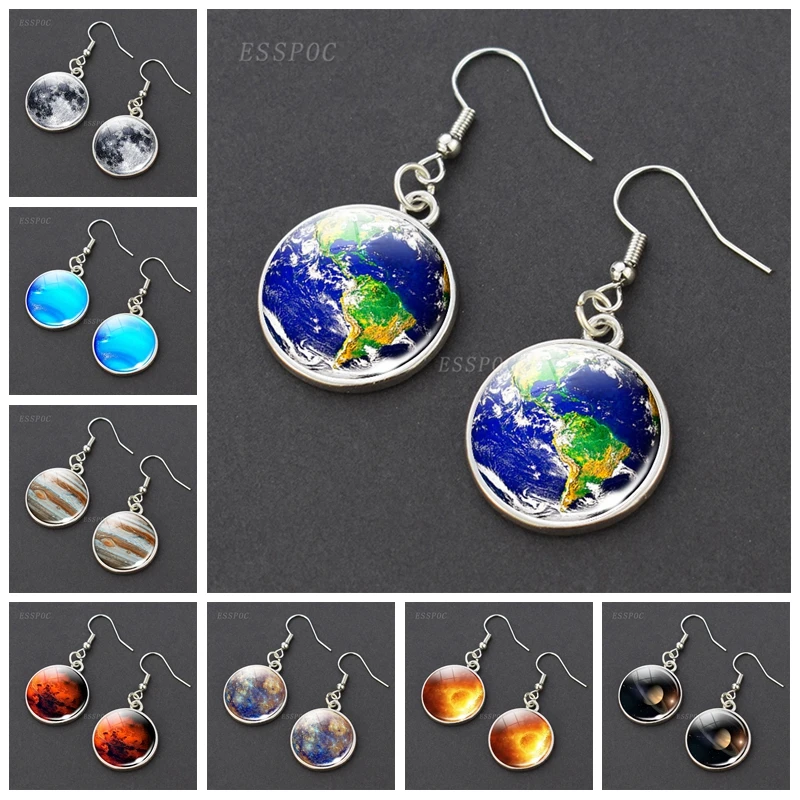 Серьги с солнечной системой Earth Moon Mars Jupiter Стеклянные Кабошоны висячие серьги в