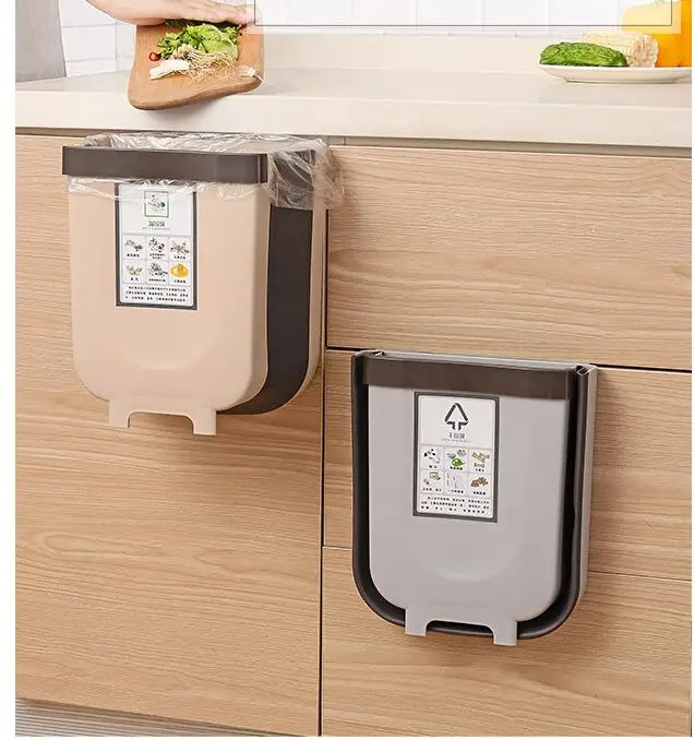 

Folding Waste Bin Kitchen 6L/9L Wall Mounted Foldable Cleaning Hanging Trash Bin Garbage Car Trash Can Wall Mounted Cabinet