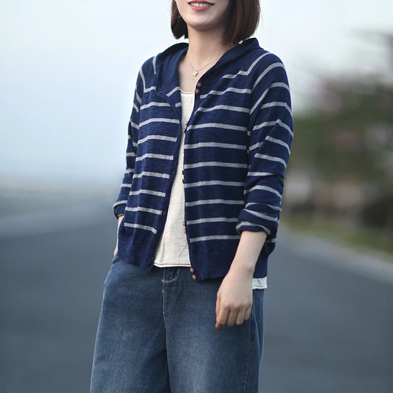 Johnature корейский Повседневный осенний полосатый женский кардиган с карманами и