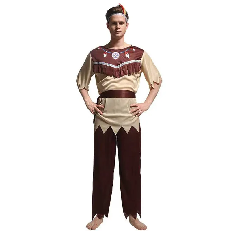 

Men Indians Cosplay Adult Halloween Primitive Savage Warrior Costumes Carnival Purim Parade Stage Show Role Playing Party Dress