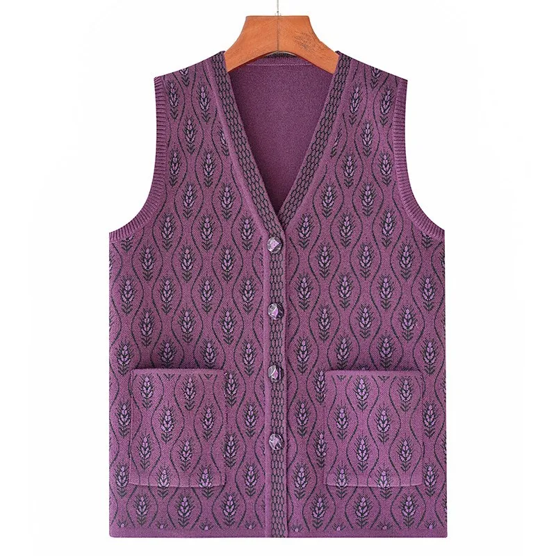 

New Spring Middle-aged Elderly Women's V-neck Knitted Cardigan Fashion Sweater Woman Top Vest Warm Jacket Vintage Clothes Casual