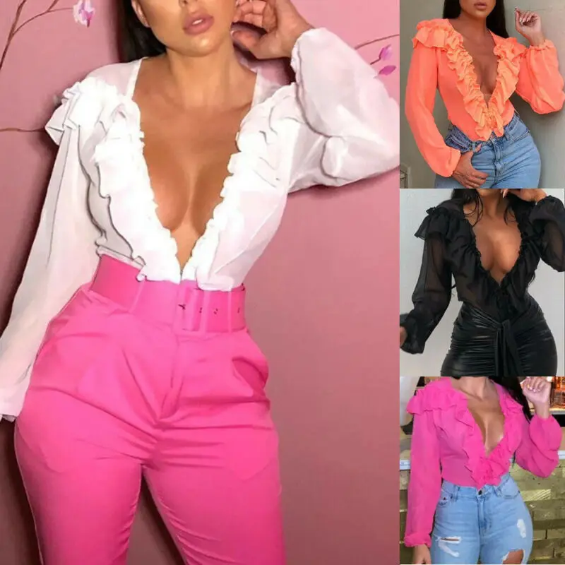 

Women Sheer Mesh V-neck Ruffle Blouse Lady Long Sleeve See-through Clubwear Tops Shirts S-XL