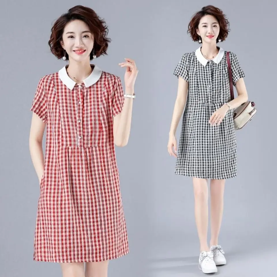

2021 New Summer Women Dress Vintage Preppy Style Plaid Buttons Casual Mini Dress Girl's Elegant Peter Pan Collar Vestidos B222