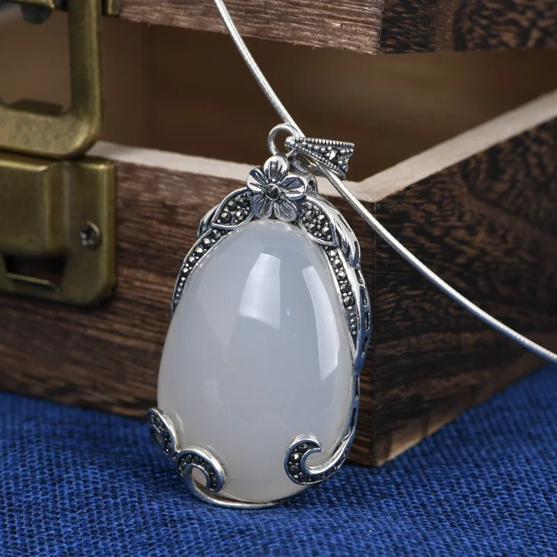 

FNJ 925 Silver White Chalcedony Pendant for Jewelry Women Original Pure S925 Sterling Silver Pendants Flower