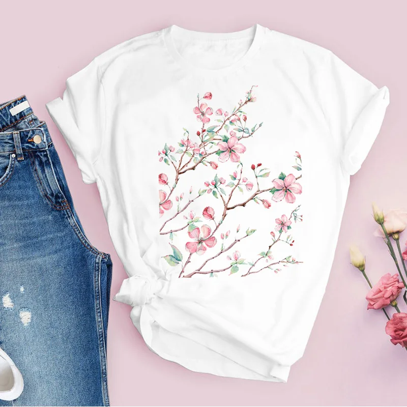 

Women Graphic Flower Floral Fashion Casual Cute 90s Style Vintage Lady Tees Print Tops Clothing Female T Shirt Womens T-Shirt