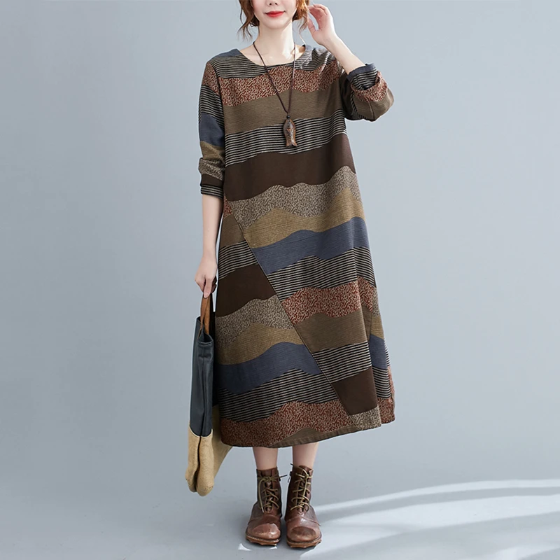

Long Sleeve Cotton Linen Vintage Print Spring Autumn O-Neck Dresses For Women Casual Loose Office Lady Dress Elegant Clothes