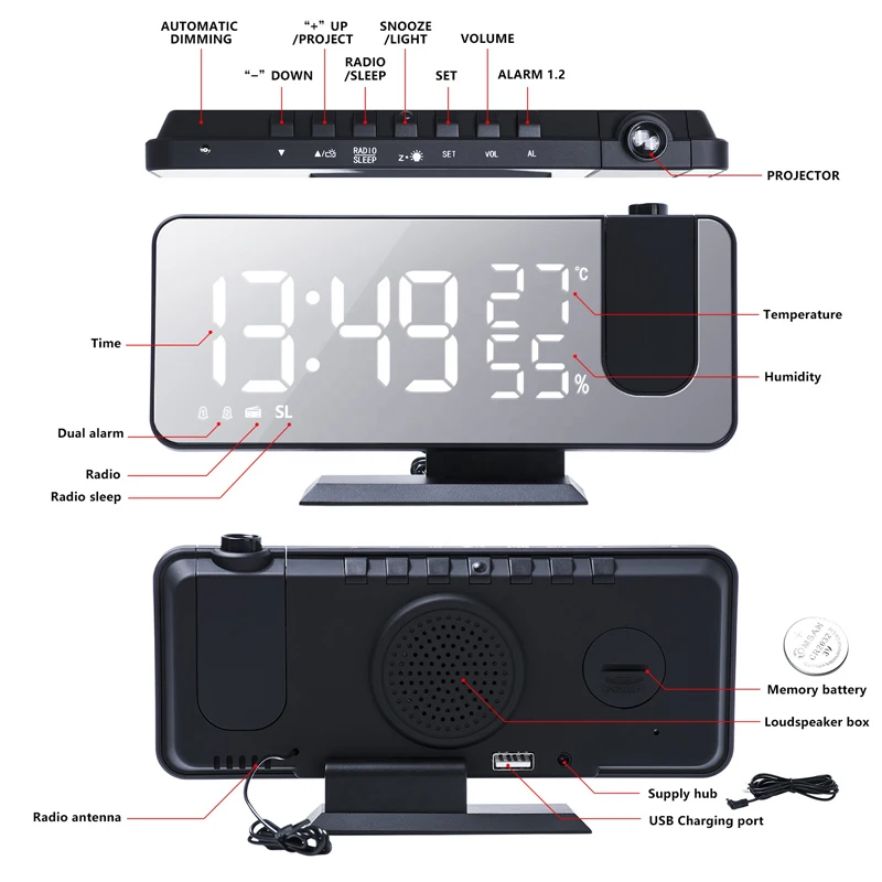 

LED Screen Display Digital Clock Radio Projection Alarm Table Clock Intelligent Light Sensitivity Adjustment Digital Desk Clock