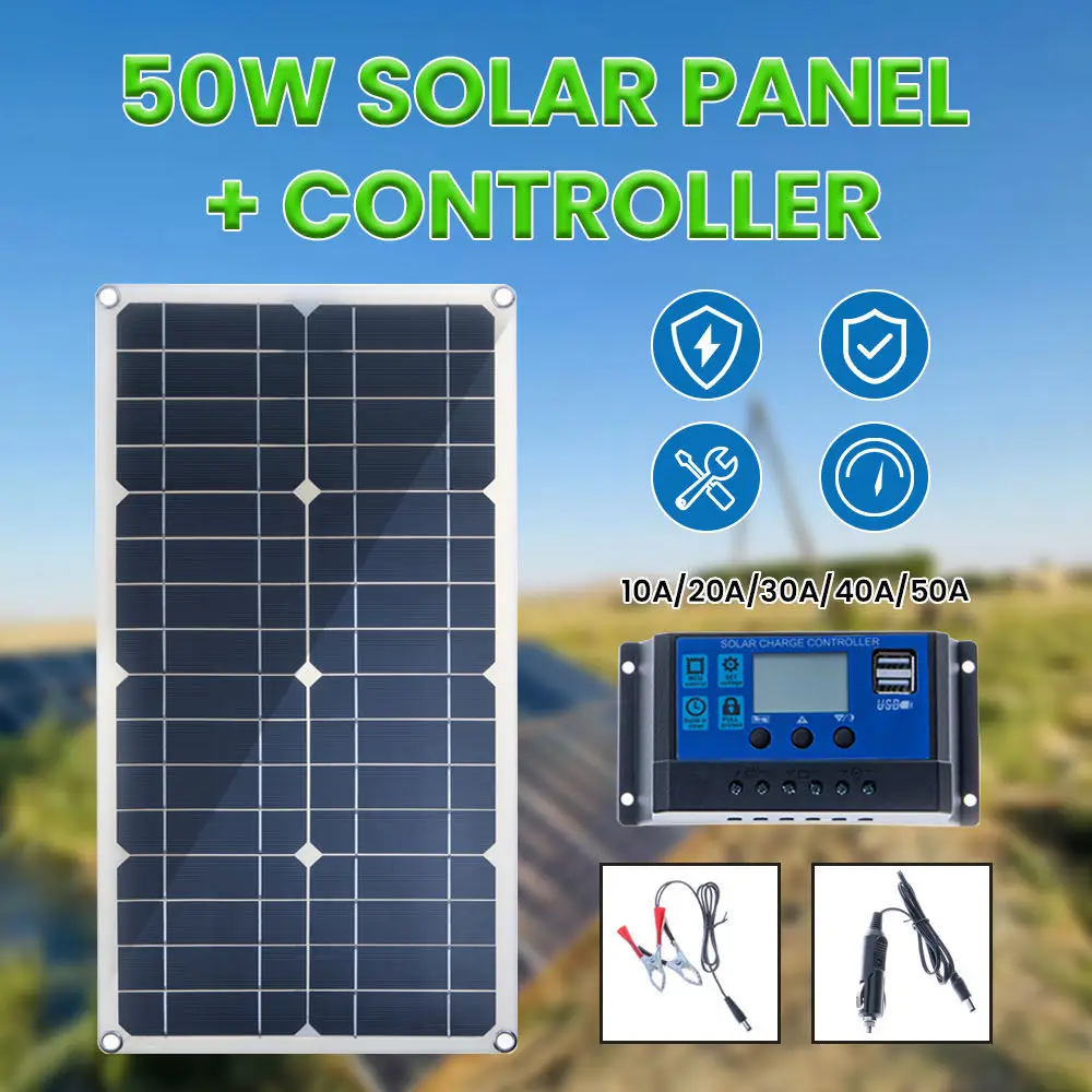 

50W Solar Panel Dual USB Output Solar Cells Poly Solar Panel 10/20/30/40/50A Controller for Car Yacht 12V Battery Boat Charger
