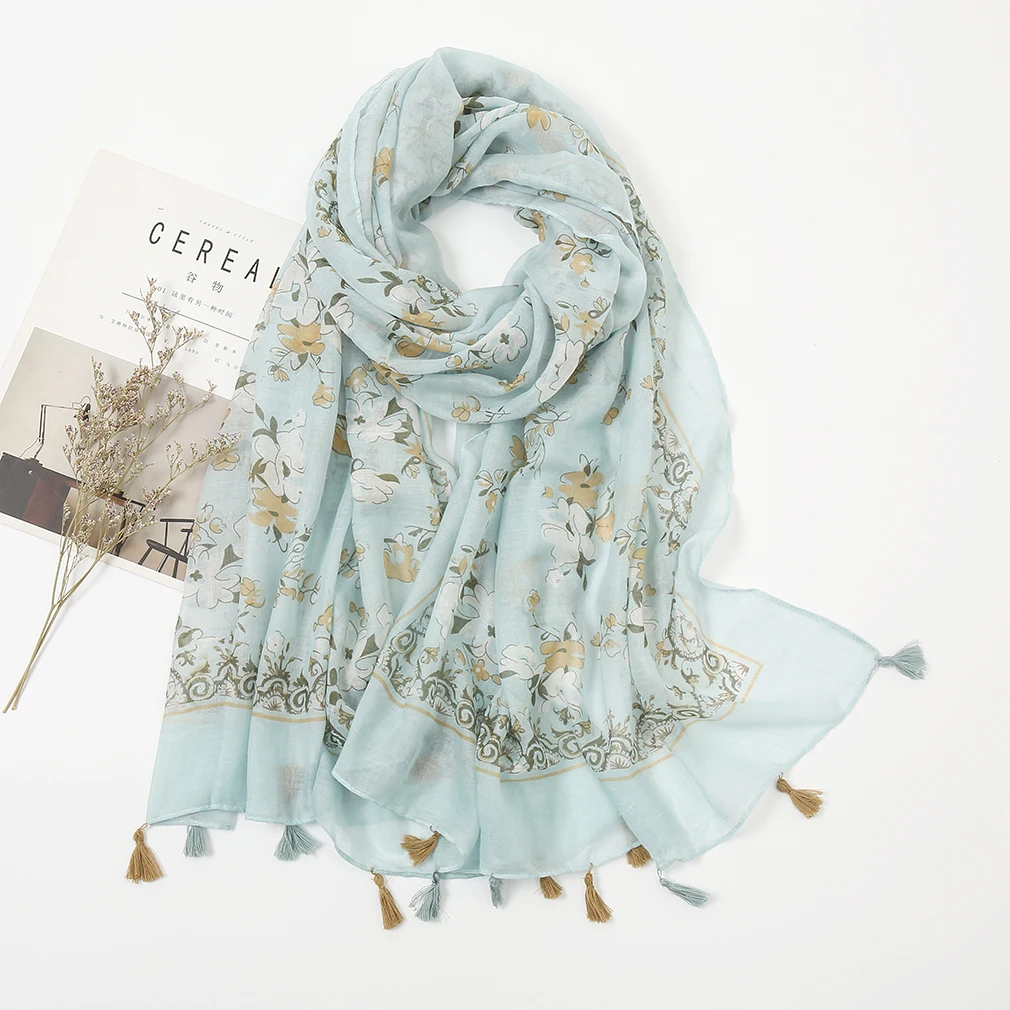 

Autumn Winter 2021 Luxury Females Printed Tassel Shawl Flower Warps Scarf Cotton Scarves Headband Support Wholesale