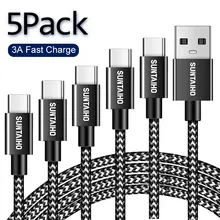 5Pack USB Type C Cable for Samsung S21 Ultra S10 Plus Redmi Note9 Fast Charging Wire Cord USBC Charger Mobile Phone Type C Cable
