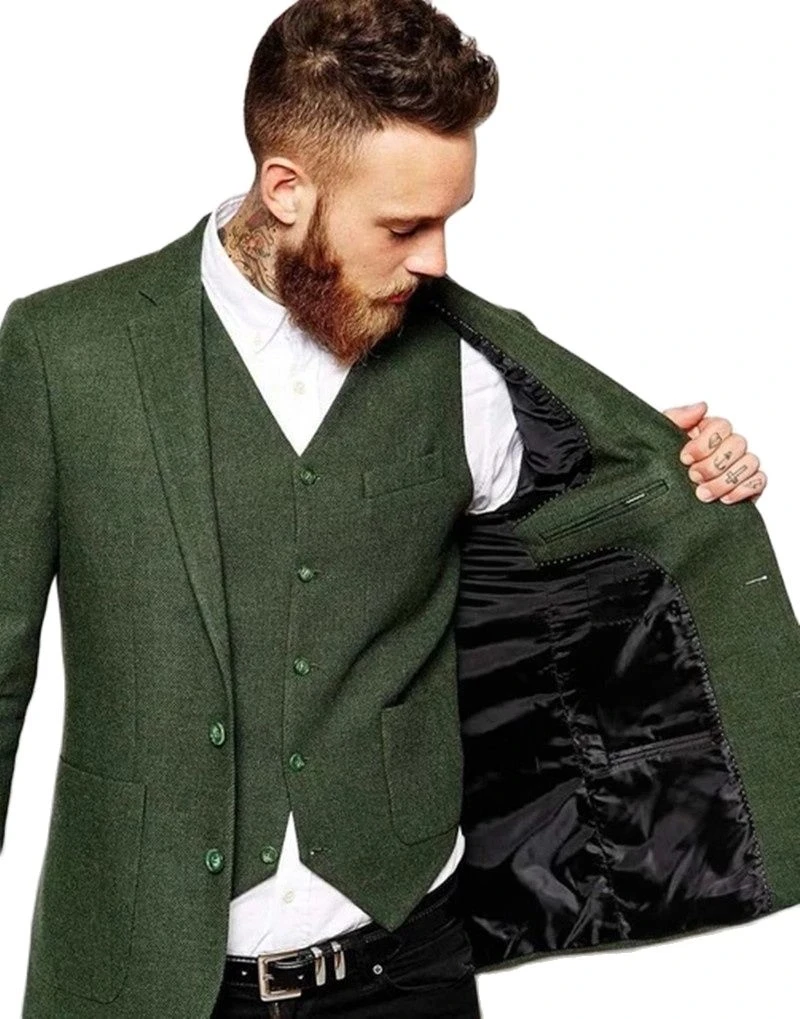 

Новейший дизайн пальто и брюк, зеленый твидовый мужской костюм, свадебные костюмы для мужчин, индивидуальный костюм, смокинг, 3 предмета, бле...
