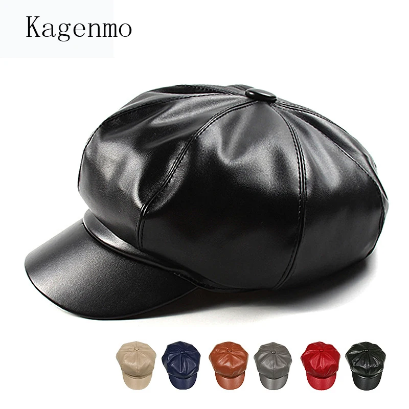 

Kagenmo Octagonal Hat Women Outdoor Casual Suncreen Spring PU Leather Female Leather Cap Lock Warm Sunhat