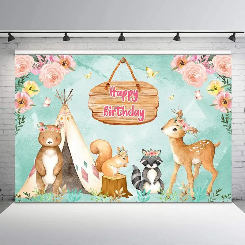 

Фон для фотосъемки с изображением леса дня рождения джунглей сафари лиса палатка акварель цветок синий баннер